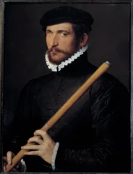 Portrét slepého flétnisty Obraz Ecole francaise. 1566 ne. 0,62x0,5 m - Portrét jednookého flétnisty. Francouzská školní malba. 1566. 0,62 x 0,5 m. Muzeum Louvre, Paříž