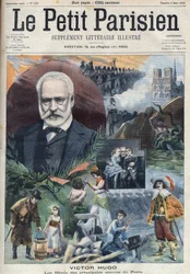 Portrét francouzského spisovatele Victora Huga (1802-1885) s ilustracemi jeho hlavních děl. Rytina v "Le petit Parisien""