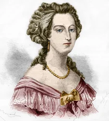 Portrét markýzy z Boufflers Marie Francoise Catherine de Beauvau Craon (1711-1787). Rytina do „Historie prostituce a zhýralosti mezi všemi národy světa od starověku po současnost“ od Dr. Th. -F. Debray. 1879.