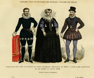 Portréty Antoina de Saint Chamand, pána z Mery sur Oise, a francouzského krále Jindřicha IV (1553-1610) před rokem 1600, obklopující neznámou ženu. Barevná rytina podle Gaignieresovy kresby v knize "France et les francais à travers les siecles".