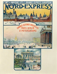 Plakát inzerující Compagnie des Wagons-Lits et des Grands Express Europeens, Londýn do Petrohradu, počátek 20. století