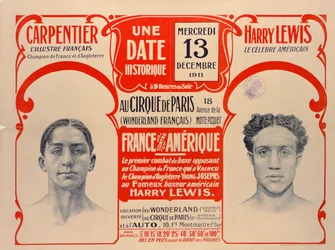 Plakát propagující boxerský zápas mezi Carpentierem a Harrym Lewisem, 1911