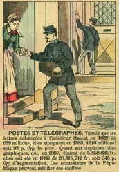 Pošty a telegrafy, dokládající dobré fungování telekomunikací a pošty díky republice. Rytina, v „“Le Figaro, příloha““, 30. 3. 1889, Paříž. Coll. Selva.