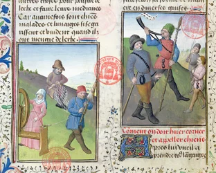 Příprava sítí pro lov, z Livre de la Chasse od Gastona Phebuse de Foix (1331-91)