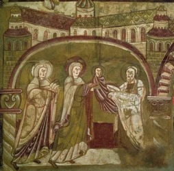 Představení Ježíše v chrámu. Freska kostela Vic sur Cere (Cantal). 12. století. Paříž, Muzeum památek anglicky