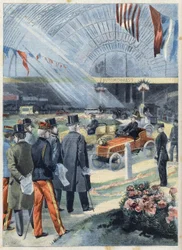 Prezident Francouzské republiky Emile Loubet (1838-1929) má výstavu průmyslového alkoholu v galerii strojů na Champ de Mars (Champs-de-Mars) v Paříži, v „Le Petit Parisien“