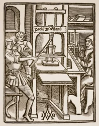 Tiskárna, titulní list knihy Hegesippus, vytiskl Jodocus Badius Ascensius, Paříž, 1511 (sépiová fotografie)