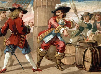 Vojín Jean Bart (1650-1702) ohrožoval anglického lupiče, který ho vzal do zajetí, tím, že mu vyhrožoval, že vyhodí jeho loď do povětří zapálením sudu s prachem. Chromolitografie konce 19. století