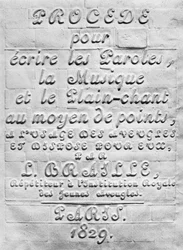 Postup pro psaní slov, hudby a prostého zpěvu pomocí teček pro nevidomé a uspořádal pro ně Louis Braille, 1829