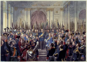Vyhlášení Německého císařství 18. ledna 1871 v Ledové galerii ve Versailles po porážce Francie ve válce proti Prusku v roce 1870. Vilém I. (1797-1888) je prohlášen císařem. Paříž 19. století, Musee Carnavalet