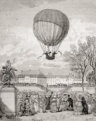 Profesor Jacques Charles a Nicolas-Louis Robert létají 1. prosince 1783 s prvním pilotovaným vodíkovým balonem na světě v Tuilleries Gardens v Paříži z „Histoire de France“, vydaného kolem roku 1880 (rytina)