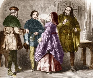 Prostituční scéna v Paříži na konci středověku. Rytina do „Historie prostituce a zhýralosti mezi všemi národy světa od starověku po současnost“ od Dr. Th. -F. Debray. 1879.