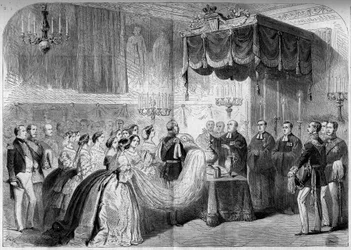 Protestantský obřad: křest prince Frederika Guillauma Viktora Alberta Pruského (který se stal Vilémem II., pruským králem a německým císařem