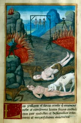 Zloději a lupiči jsou v pekle trestáni oběšením, upálením a sežráním psy. Miniatura z knihy "Le Tresor de Sapience" od Jeana Gersona (1363-1429), 15. století Chantilly, Musee Conde.