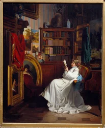 Čtení dívka čtení knihy v kanceláři. Malba francouzské školy. Soukromá sbírka 19. století