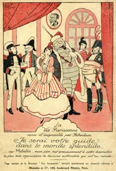 Vzpomínka na rok 1914 pro pneumatiku Michelin. La Vie Parisienne, přepracovaná a rozšířená Bibendem: „Budu vaším průvodcem v nádherném světě, protože Michelin, můj otec, vám nabízí nejkrásnější organizaci automobilové turistiky na světě.“ Na stěně rám s