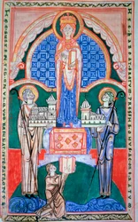 Regne of the Virgin o spojení opatství Citeaux a opatství Saint Vaast (Saint-Vaast). Jeronýma. Komentář k Jeremiášovi. Miniatura z rukopisu z Citeaux, asi 1125. Rozměry 32,6 x 31,7 cm. Dijon, Městská knihovna (Ms. 130).