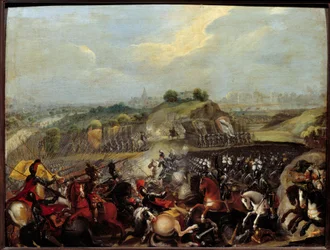 Náboženské války: „“ Jindřich IV. v bitvě u Ivry dne 14. 3. 1590“ V bitvě u Ivry dne 14. 3. 1590 zvítězilo královské vojsko proti katolické lize. Tam byl zraněn Maxmilián z Bethune, vévoda ze Sully, králův ministr. Obraz Fren