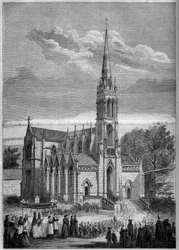Církevní architektura: celkový pohled na kostel Monfort le Retrou (dnes Montfort le Gesnois v Sarthe (72), den jeho inaugurace v roce 1858. Z náčrtu pana Moulina. Rytina v „“ Le Monde Illustré““ n °77 ze dne 2. října 1858.