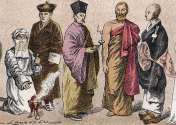 Aasian uskonnolliset puvut: g a d:sta muotokuva papista Parsista (parsismin jäsenestä tai seuraajasta), lamasta (tiibetiläinen hengellinen mestari), kiinalainen buddhalainen pappi, Ceylonin bonze ja japanilainen buddhalainen pappi - Kaiverrus - Uskonnollis