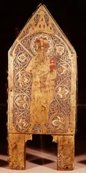 Relikviářová truhla sv. Calminia, detail sv. Pavla s mečem a knihou, Limoges (měď & champleve email)