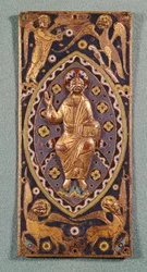 Relikviářová deska zobrazující Krista se symboly evangelistů (smaltovaná měď)