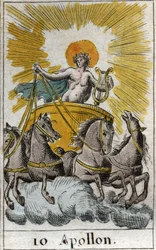 Zobrazení Apollóna, boha zpěvu, hudby a poezie, na jeho voze (Apollón, bůh světla, hudby a poezie). Z díla „Mytologie mládeže“ od Pierra Blancharda, 1803.