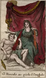 Znázornění Herkula, milovníka Omphale, natahuje a ses pieds, drží cedulku (Heracles (Herkules) leží u nohou Omphale, do kterého je zamilovaný, drží distaff) Z „Mythologie de la jeunesse“ od Pierra Blancharda 1803.