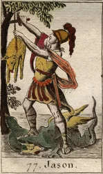 Reprezentace Jasona, obnovující Zlaté rouno, rouno Chrysomallos, belierské křídlo, po triumfu spícího draka, který hlídal Zlaté rouno a chytit ho. Z „Mytologie mládí“ od Pierra Blancharda 1803.