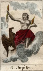 Zobrazení Jupitera (nebo Jova), krále bohů a boha nebe a hromu. Z díla «Mytologie mládeže» od Pierra Blancharda, 1803.