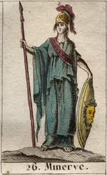 Zobrazení Minervy, bohyně umění, války a vědy. Má na sobě zbroj. (Minerva, bohyně války, věd a umění, zobrazená ve zbroji). Z díla «Mytologie mládeže» od Pierra Blancharda 1803.