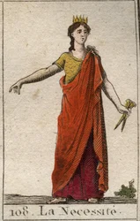 Reprezentace Nezbytnosti, jako neústupná žena, dcera Štěstěny, s bronzovýma rukama. Z „Mytologie mládí“ od Pierra Blancharda 1803.