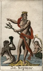 Zobrazení Neptuna, boha moří, který drží trojzubec. Bůh moře Neptun drží trojzubec. Z díla „Mytologie mládeže“ od Pierra Blancharda, 1803.