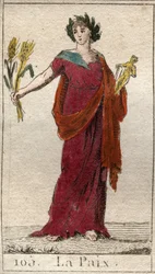 Reprezentace míru, jako žena ověnčená vavříny, držící snop. Z „Mytologie mládí“ od Pierra Blancharda 1803.