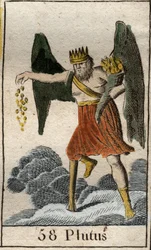 Zobrazení Plúta (Plouta), boha bohatství: Je korunovaný a slepý a náhodně rozdává dary. Z díla „Mytologie mládeže“ od Pierra Blancharda, 1803.
