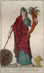 Reprezentace Prozřetelnosti, jako stařena, držící roh hojnosti, hůl a zeměkouli. Z „Mytologie mládí“ od Pierra Blancharda 1803.