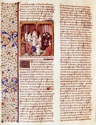 Vyobrazení dítěte svatého Bernarda z Clairvaux (San Bernardo di Chiaravalle) (1090-1153). Je uprostřed obrazu, nad hlavou má aureolu. Miniatura v "Le miroir historial" (Speculum Historiale) (ms. 1196, fol. 372) od Vincenta de Beauva.