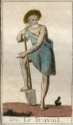 Reprezentace práce, jako muž s nástroji. Z „Mytologie mládí“ od Pierra Blancharda 1803.