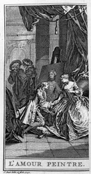 Znázornění scény z díla „Le Sicilien ou l’amour painter““ od Jeana Baptista Poquelina dit Moliere (1622-1673). Rytina z roku 1740.