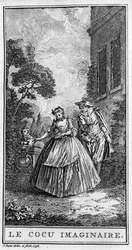 Znázornění scény z díla „Sganarelle ou le paroháč imaginaire““ (1660) od Jeana Baptista Poquelina dit Moliere (1622-1673). Rytina z roku 1738.