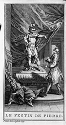 Znázornění scény z díla „Dom juan ou le fen de Pierre“ (1665) od Jeana Baptista Poquelina dit Moliere (1622-1673). Rytina z roku 1739.