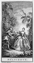 Znázornění scény díla „“Melicerte““ (1666) od Jean Baptiste Poquelin dit Moliere (1622-1673). Rytina z roku 1739.