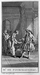 Znázornění scény z díla „“ Monsieur de Pourceaugnac”” (1669) od Jeana Baptista Poquelina dit Moliere (1622-1673). Rytina z roku 1740.