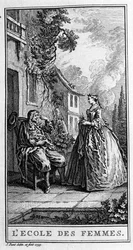Znázornění scény hry „Škola žen“ (1662) Jeana Baptista Poquelina dit Moliere (1622-1673). Rytina z roku 1739.