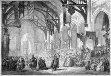 Reprezentace opery: Landgrave Palace ve Wartburgu. Scénografie II. aktu „Tannhauser“ od Richarda Wagnera (1813-1883). Opera de Paris