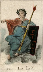 Reprezentace zákona jako žena držící žezlo. (Zákon jako mladá žena držící žezlo). Z „Mytologie mládí“ od Pierra Blancharda 1803.