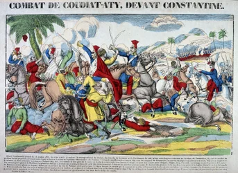 Znázornění bitvy u Coudiat Aty před Konstantinem, která vedla k zajetí Konstantina 13. října 1837. Obrázek Epinal