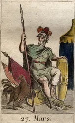 Znázornění boha války Marse, zbraň, poblíž kohouta. (The God of War Mars vyzbrojený hřebem). Z „Mytologie mládí“ od Pierra Blancharda 1803.