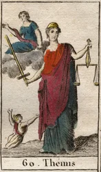 Zobrazení bohyně spravedlnosti a zákona Themis, která drží váhy a meč. (Zobrazení Themis, bohyně spravedlnosti a zákona, se zavázanýma očima, držící váhy a meč). Z knihy „Mytologie mládeže“ od Pierra Blancharda, 1803.