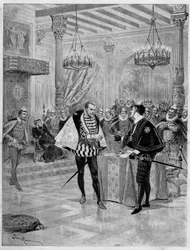 Divadelní představení: scéna čtvrtého dějství ""Henri III a jeho dvůr"" od Alexandra Dumase (1802-1870) v Comedie Francaise v Paříži